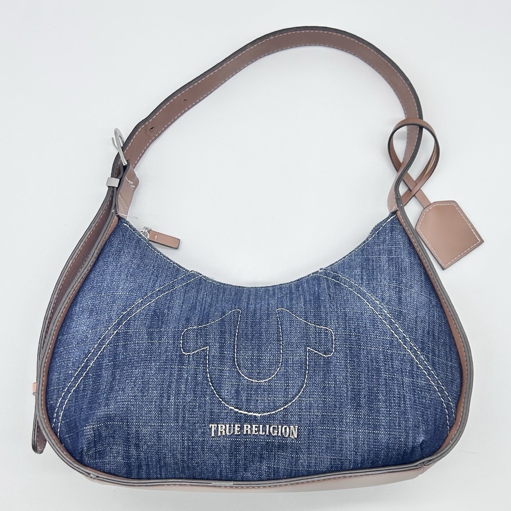 True Religion Denim Hobo Horseshoe Shoulder Bag Brown Trim